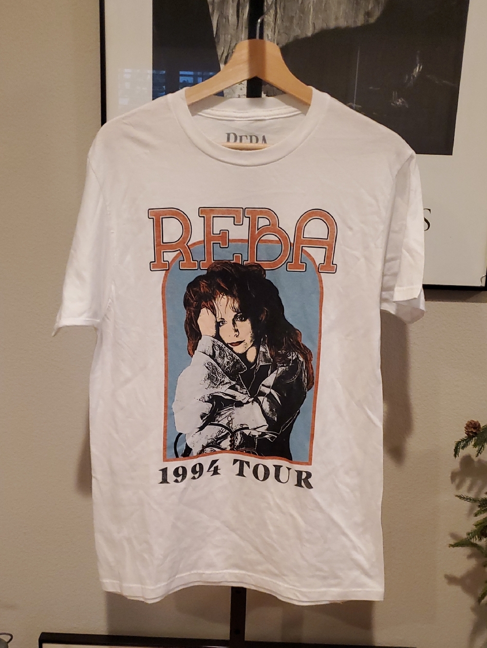 Reba White Short Sleeve Tour Graphic Tee with Blue and Brown Print